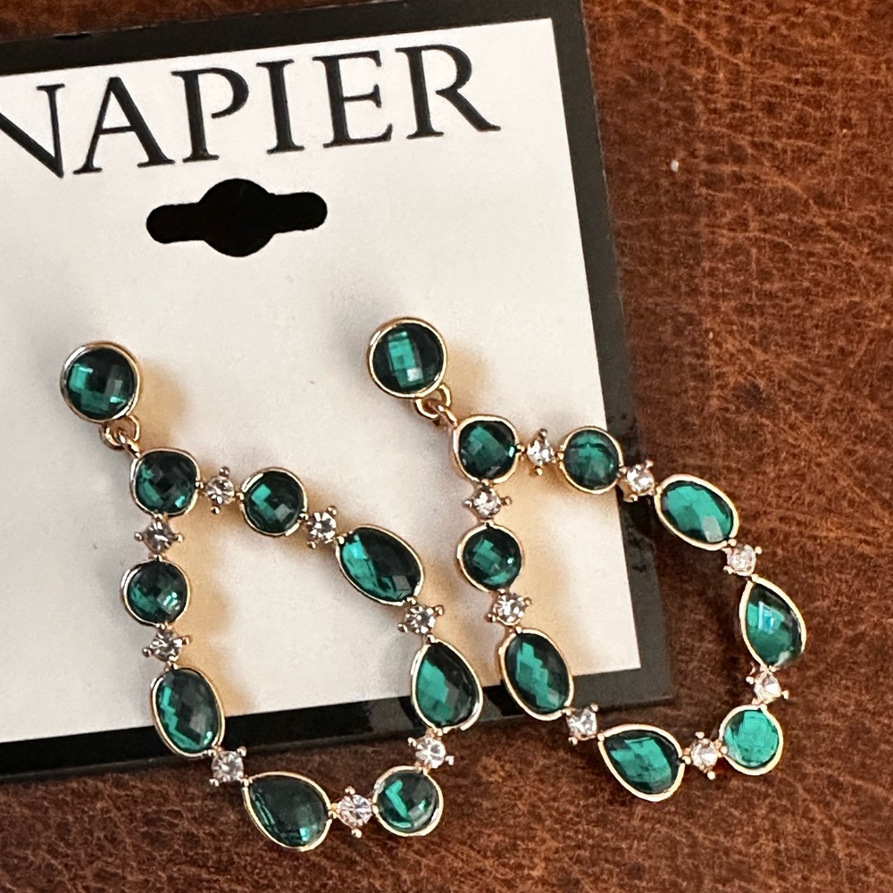 Napier Emerald and Gold Oval statement pierced Earringswith faux diamond accent